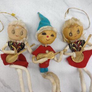 3 Vintage Christmas Ornaments Pixie Elves Playing Instruments Made Japan SEE TLC